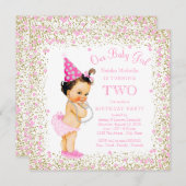 女の子2nd誕生日パーティーピンク金ゴールドグリッター 招待状 (正面/裏面)