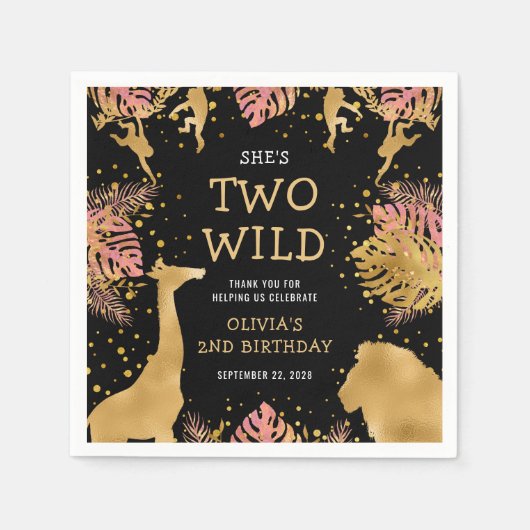 女の子2nd誕生日パーティーピンク金ゴールドブラックサファリ スタンダードカクテルナプキン (正面)