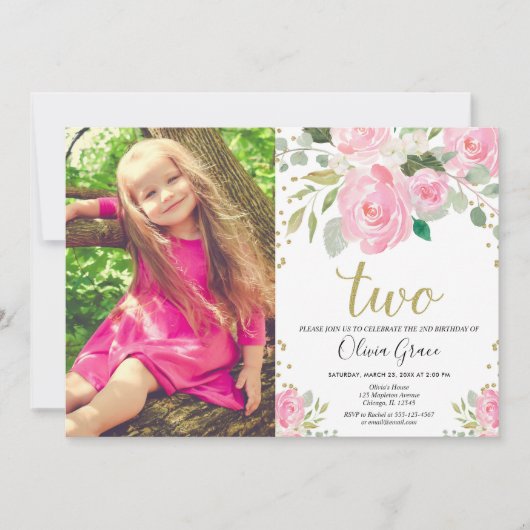 女の子2nd誕生日赤面ピンク金ゴールドフローラ エレガント 招待状 (正面)