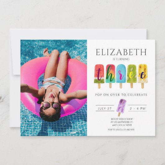 女の子3歳の誕生日サマーポップシクルアイスクリーム 招待状 (正面)