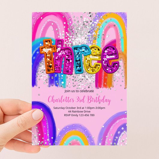女の子3歳の誕生日スパンコール虹色パーティー招待状 招待状