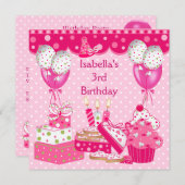 女の子3歳の誕生日パーティーピンクスポットケーキ3 招待状 (正面/裏面)