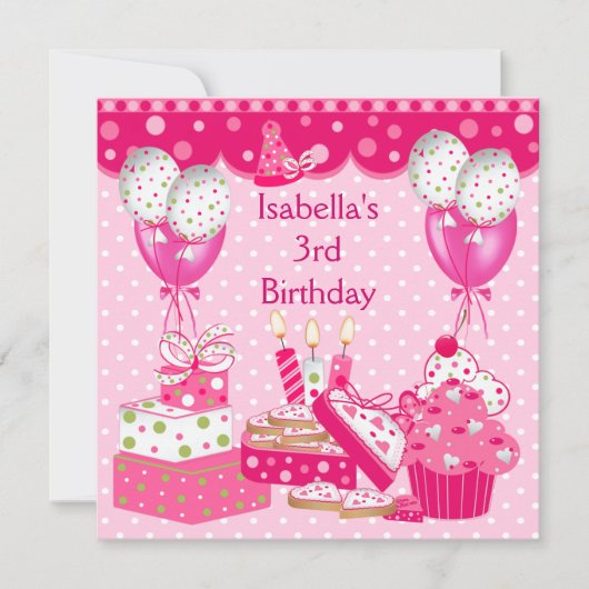 女の子3歳の誕生日パーティーピンクスポットケーキ3 招待状 (正面)