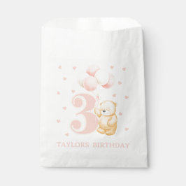 女の子3歳の誕生日ピンクベア+名前パーティー フェイバーバッグ