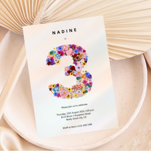 女の子3歳の誕生日3番目の誕生日フローラパーティーイン 招待状