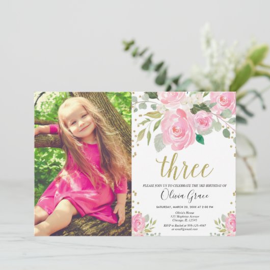 女の子3rd誕生日ピンクの金ゴールドグリッター誕生日 招待状 (スタンド正面)