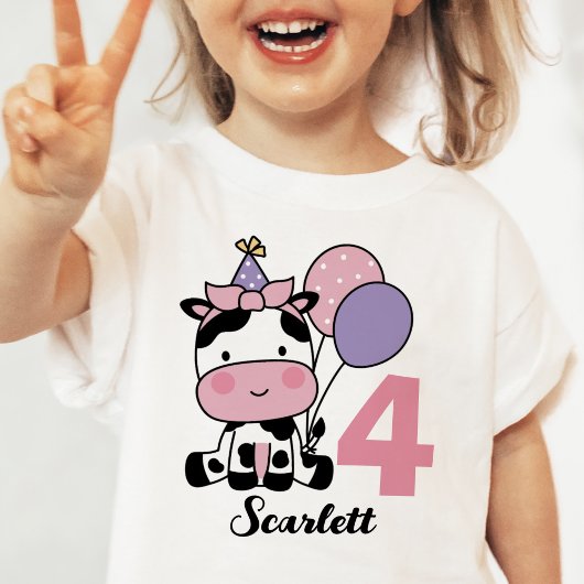 女の子4歳の誕生日かわいいカウピンクパーソナライズされたク ベビーTシャツ