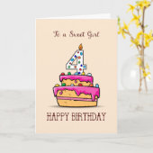 女の子4歳の誕生日、甘いピンクのケーキの4つ カード (黄色い花)