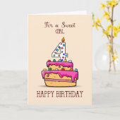 女の子4歳の誕生日、甘いピンクのケーキの4つ カード (黄色い花)