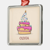 女の子4歳の誕生日、甘いピンクのケーキの4つ メタルオーナメント (左)