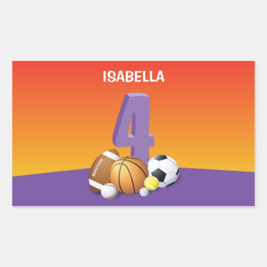 女の子4thバースデースポーツボール 長方形シール (正面)