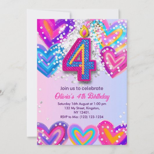 女の子4th誕生日招待状編集可能カラフル4 招待状 (正面)