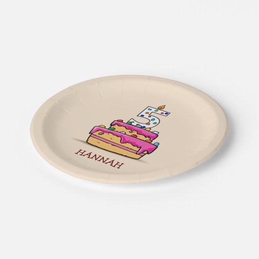 女の子5誕生日、5オンスイートピンクケーキ ペーパープレート (アングル)