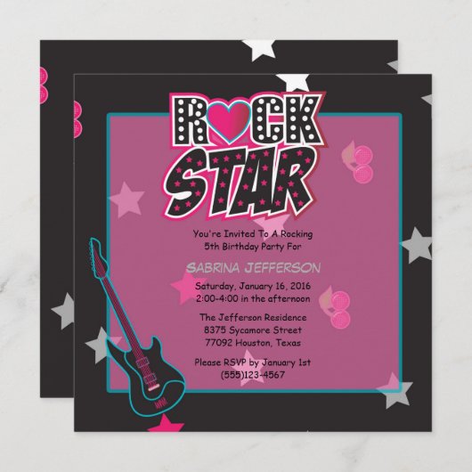 女の子5x5ピンクロックスター誕生日パーティーへの招待 招待状 (正面/裏面)