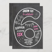 女の子6歳誕生日6つの黒板番号ピンク 招待状 (正面/裏面)