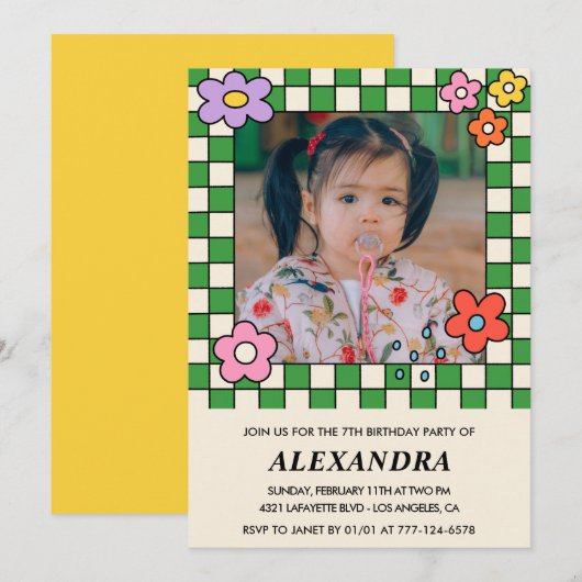 女の子7歳の誕生日招待状レトロGroovy花 招待状 (正面/裏面)
