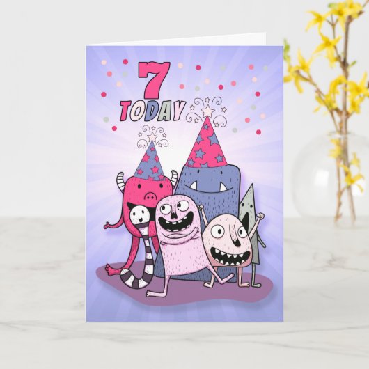 女の子7誕生日ピンクn紫の漫画のモンスター カード (黄色い花)