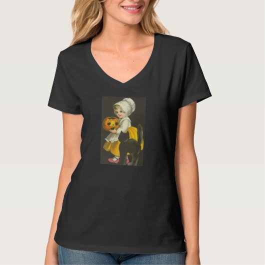 女の子 かぼちゃ 黒猫 ビンテージ ハロウィン Tシャツ (正面)