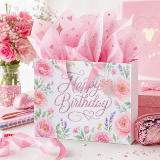 女の子 かわいい お誕生日おめでとう シルバー ピンク 花柄 ラージペーパーバッグ