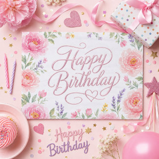 女の子 かわいい お誕生日おめでとう シルバー ピンク 花柄 薄葉紙