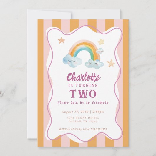 女の子 かわいい パープル 水彩 レインボー 赤ちゃん 誕生日 招待状 (正面)