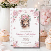 女の子 かわいい ピンクの花の馬 初めての誕生日 招待状