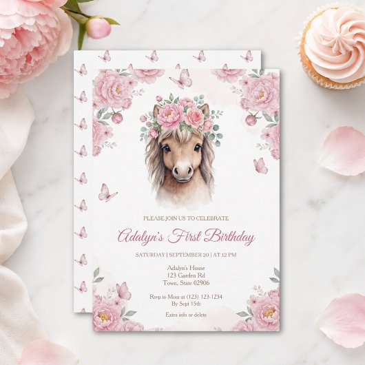 女の子 かわいい ピンクの花の馬 初めての誕生日 招待状