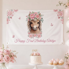 女の子 かわいい ピンクの花の馬 初めての誕生日 横断幕