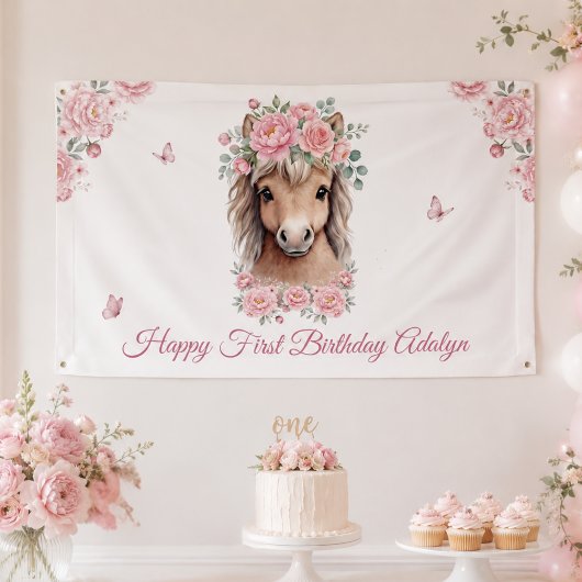 女の子 かわいい ピンクの花の馬 初めての誕生日 横断幕