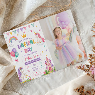 女の子 かわいい ピンク ユニコーン 子供 3歳 誕生日 写真 招待状