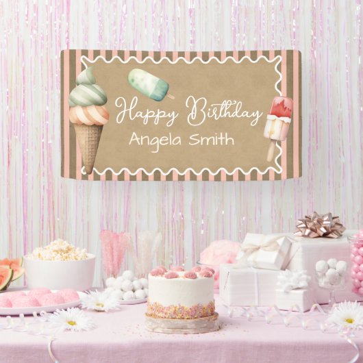 女の子 アイスクリーム キッズ 誕生日 クラフト紙 横断幕 (パーティー)