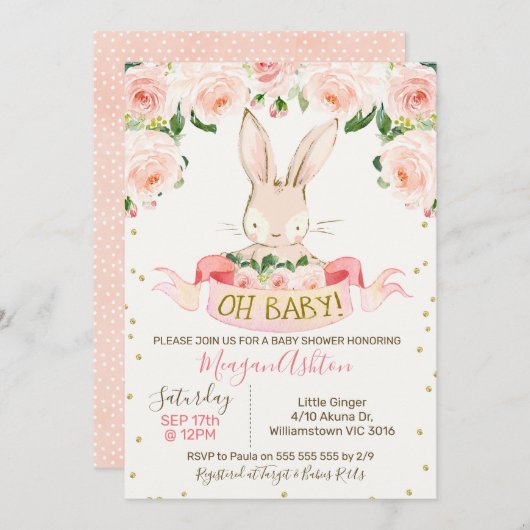 女の子 ウサギ ぬいぐるみ ベビーシャワー 招待状 (正面/裏面)