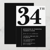 女の子 エレガント 34歳の誕生日招待状 黒 白 招待状 (正面/裏面)