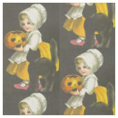 女の子，カボチャ，黒猫，ヴィンテージハロウィン生地 ファブリック (クローズアップ)