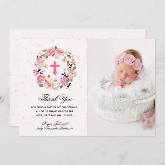 女の子《キリスト教》洗礼式や命名式水色ピンクフローラ サンキューカード (正面/裏面)