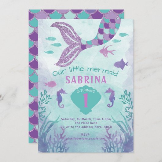 女の子、グリッター、人魚、尾、海の下。 招待状 (正面/裏面)