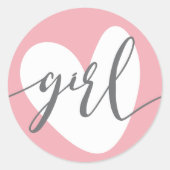 "女の子"グレーホワイトベビー赤面ピンクハート ラウンドシール (正面)