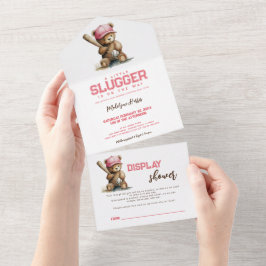 女の子 スラッガー テディベア QR コード RSVP ベビーシャワー オールインワン招待状