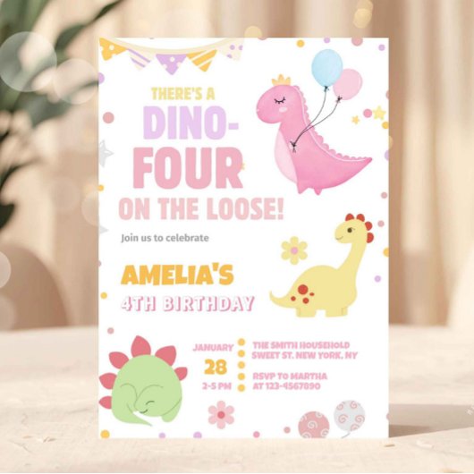 女の子 パステルピンク 恐竜 ４歳 誕生日 招待状