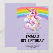 女の子 パープル レインボー ユニコーン ガーリー １歳の誕生日 招待状 (正面/裏面)