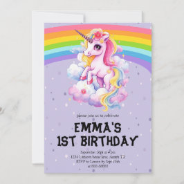女の子 パープル レインボー ユニコーン ガーリー 1歳の誕生日 招待状