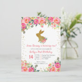 女の子 ピンクとゴールドのウサギ 誕生日 花 招待状 (スタンド正面)