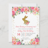 女の子 ピンクとゴールドのウサギ 誕生日 花 招待状 (正面)