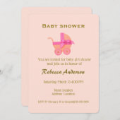 女の子 ピンクのベビーカー、ピンクの桃色の背景にゴールドのタイポグラフィ 招待状 (正面/裏面)