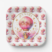 女の子 | ピンクのホットエアバルーン赤ちゃんシャワー ペーパープレート (正面)