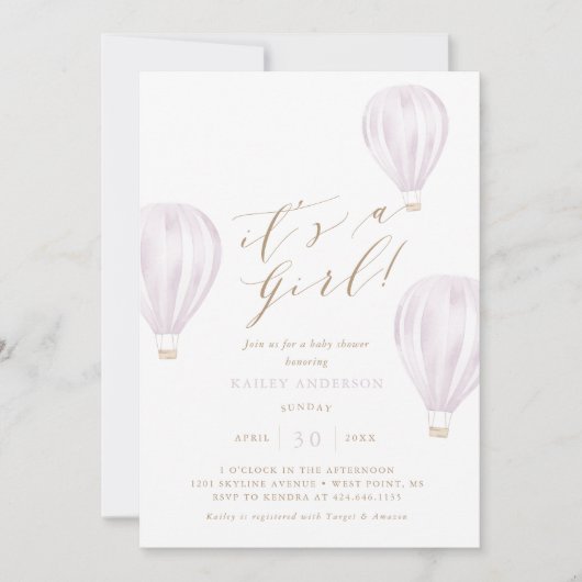 女の子 – ピンクのホットエアバルーン赤ちゃんシャワー 招待状 (正面)