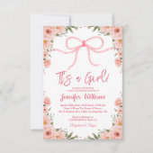 女の子、ピンクの弓スタイリッシュフローラの赤ちゃん 招待状 (正面)