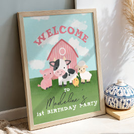 女の子 ピンクの納屋の動物 1歳の誕生日ウェルカム ポスター