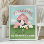 女の子 ピンクの納屋の動物 1歳の誕生日ウェルカム ポスター