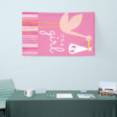 女の子 |ピンクストライプの&コウノトリ 横断幕 (トレードショー)